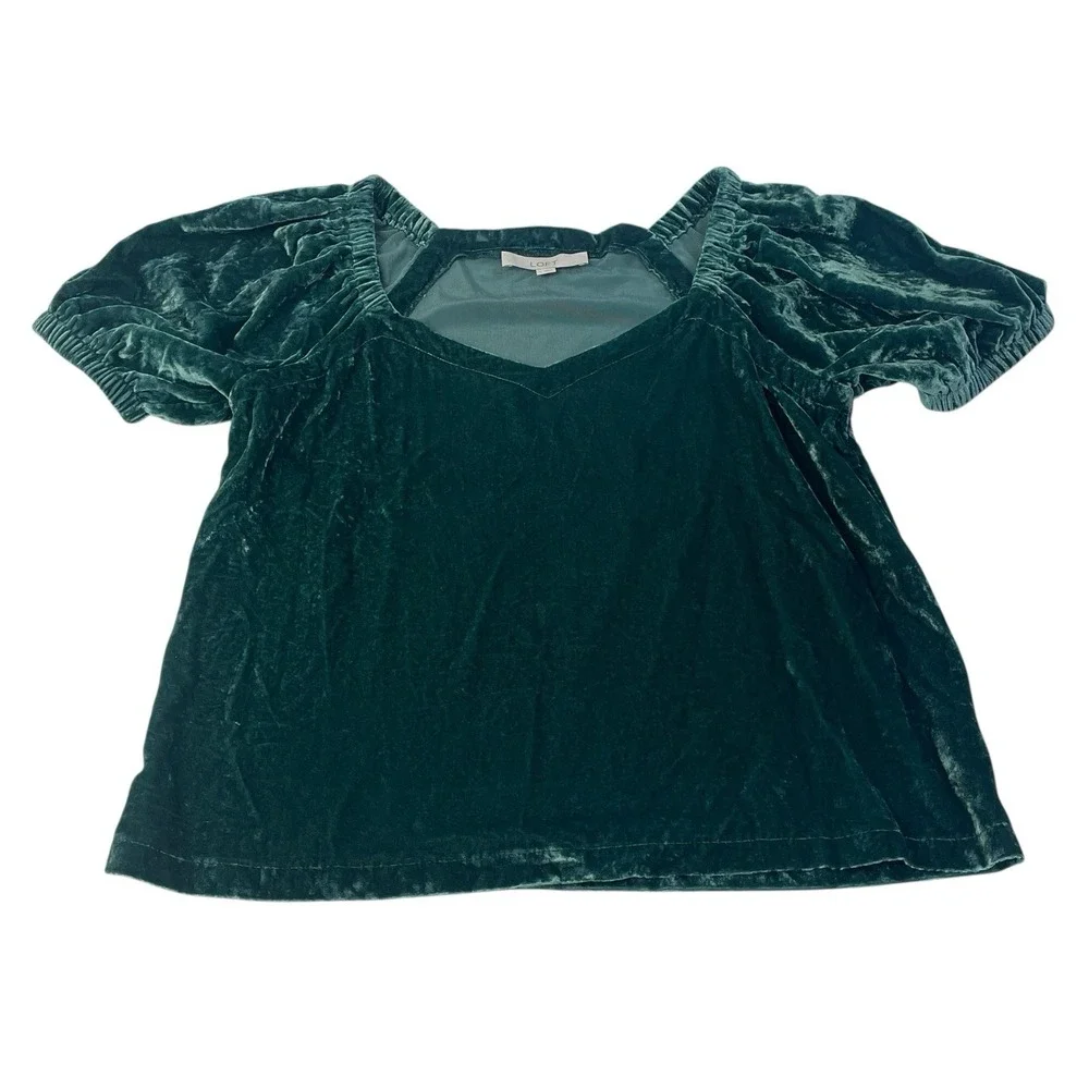 Loft Emerald Velvet Puff Sleeve V-Neck‎ Top Women's Size S Holiday Party